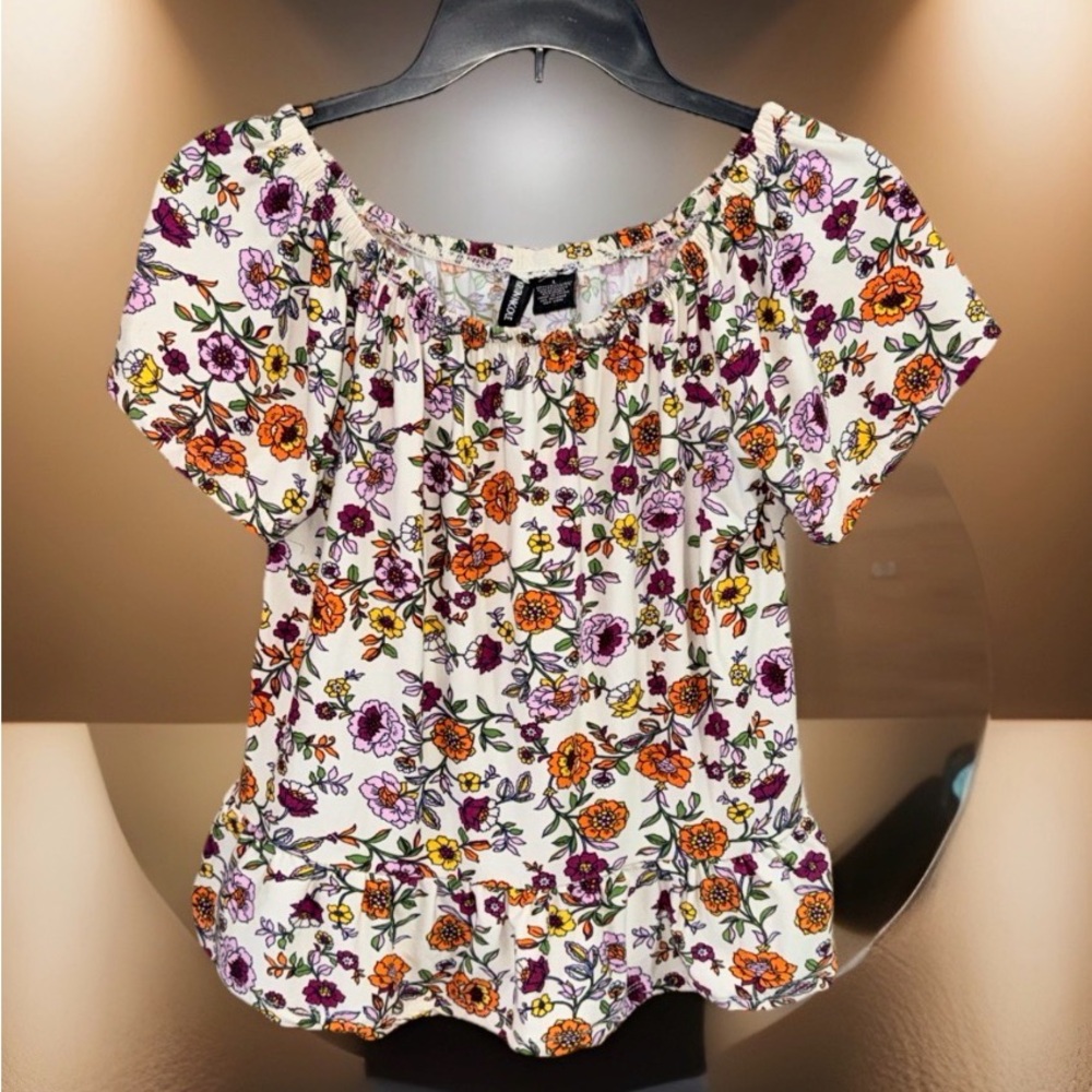 Kristin Nicole Women’s Floral Print Blouse in Cream, Orange & Purple-L-EUC